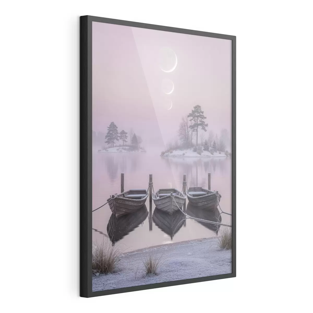 Poster Krajina s jezerem, čluny a fázemi měsíce v pastelovém stylu f49724