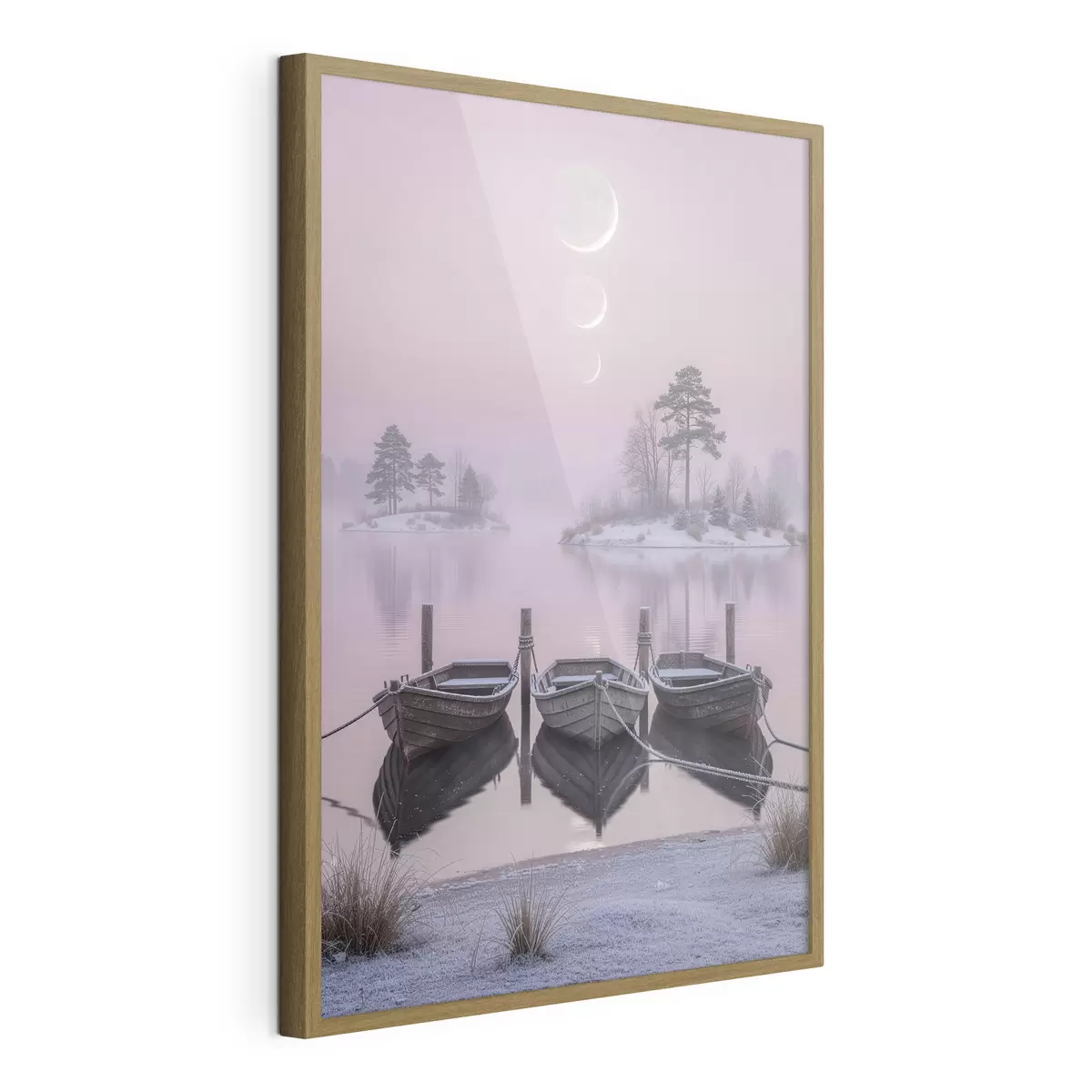 Poster Krajina s jezerem, čluny a fázemi měsíce v pastelovém stylu f49724