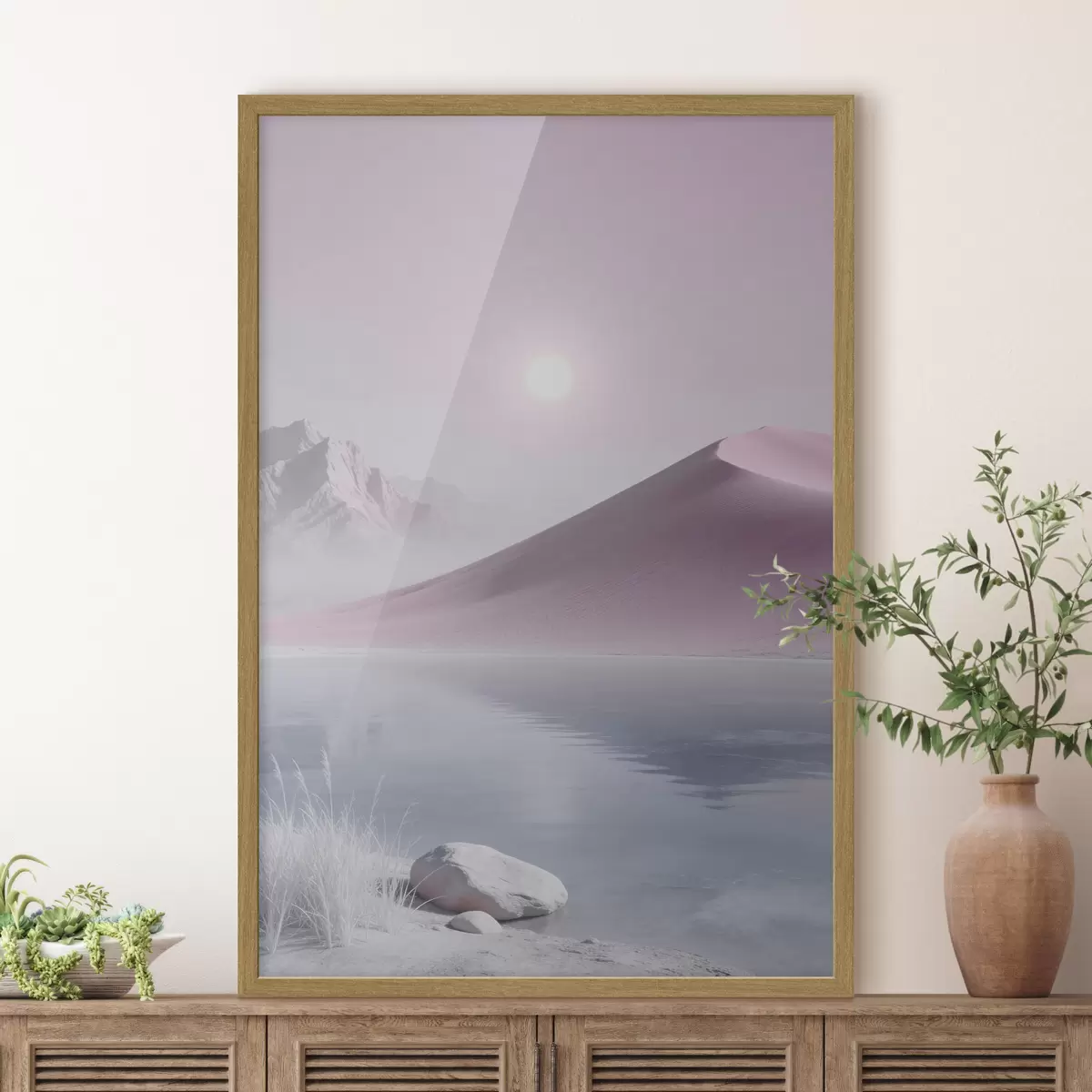 Poster Horské jezero u písčitého kopce v pastelových barvách f49725