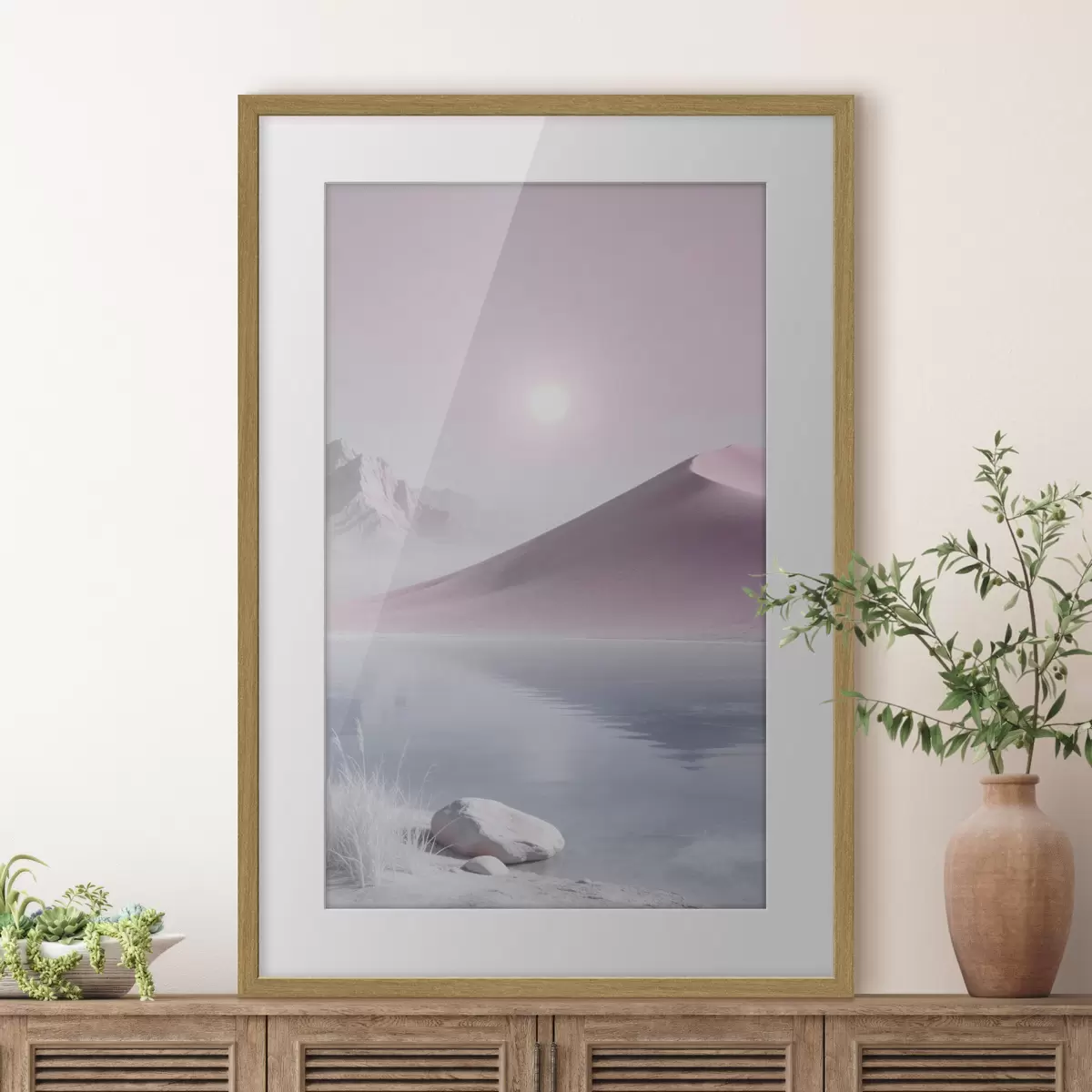 Poster Horské jezero u písčitého kopce v pastelových barvách f49725