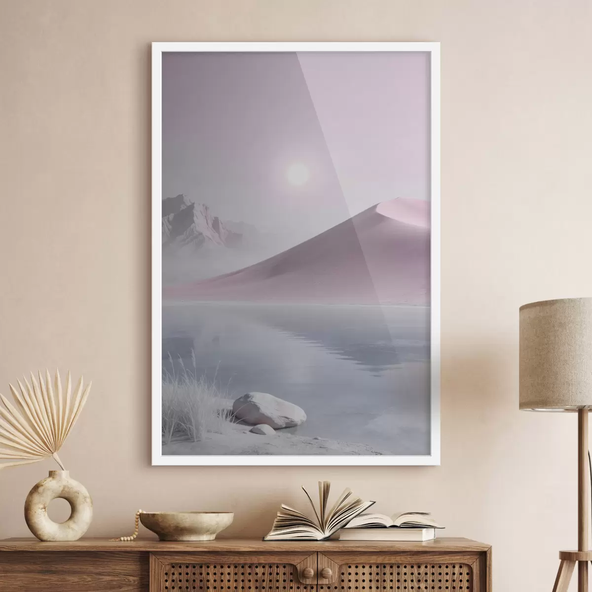 Poster Horské jezero u písčitého kopce v pastelových barvách f49725