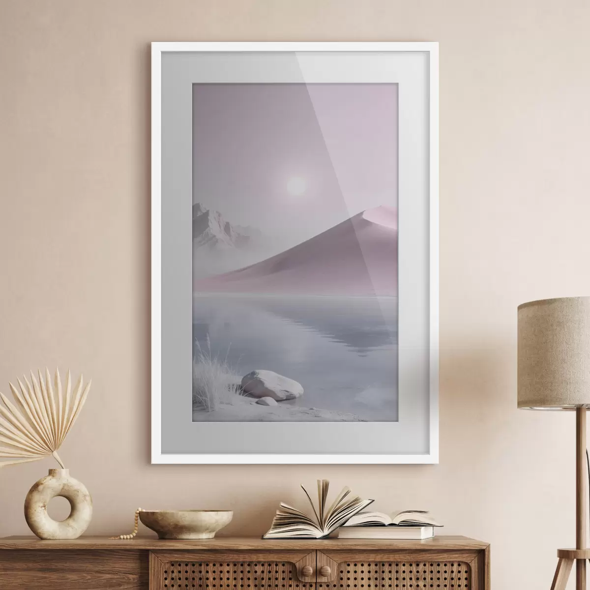 Poster Horské jezero u písčitého kopce v pastelových barvách f49725