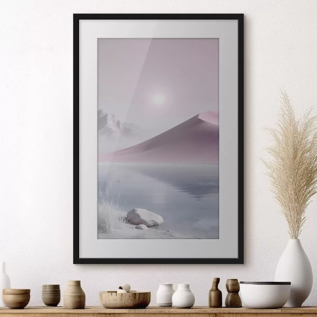 Poster Horské jezero u písčitého kopce v pastelových barvách f49725