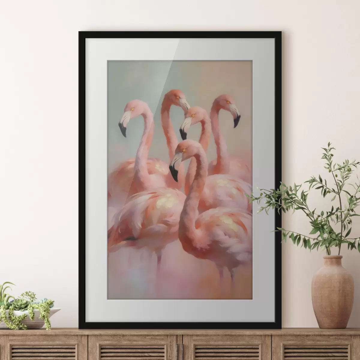 Poster Růžoví plameňáci v jemných pastelových barvách ve stylu olejomalby f49726