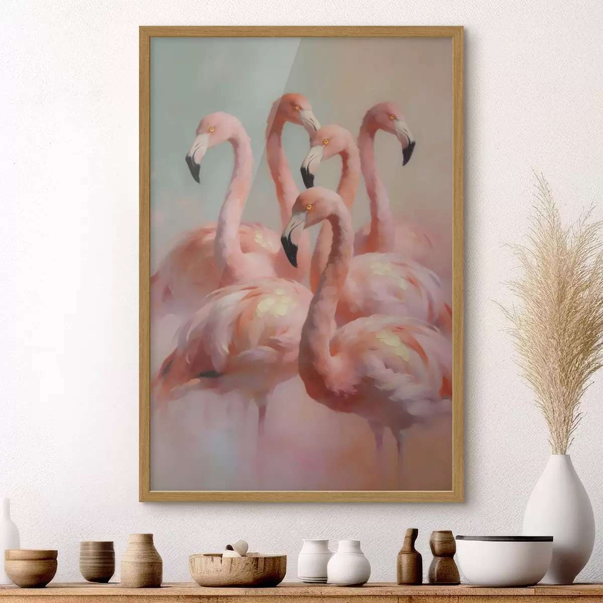 Poster Růžoví plameňáci v jemných pastelových barvách ve stylu olejomalby f49726