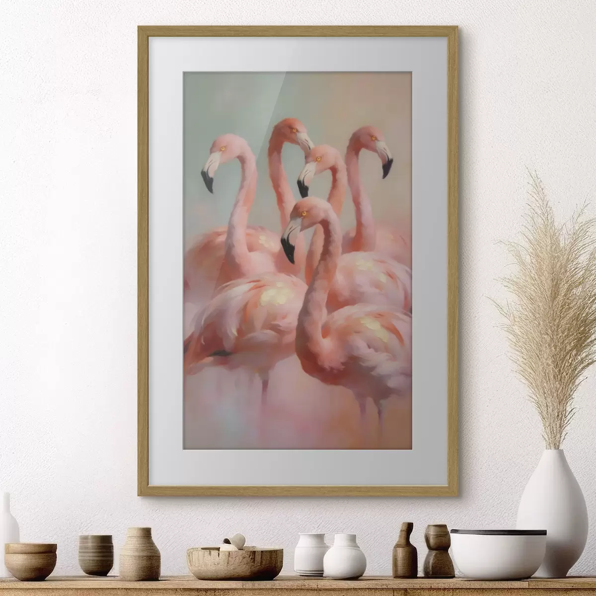 Poster Růžoví plameňáci v jemných pastelových barvách ve stylu olejomalby f49726