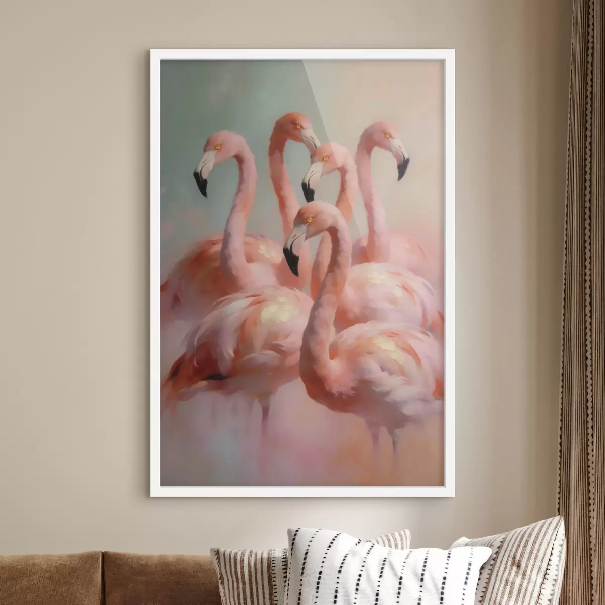 Poster Růžoví plameňáci v jemných pastelových barvách ve stylu olejomalby f49726
