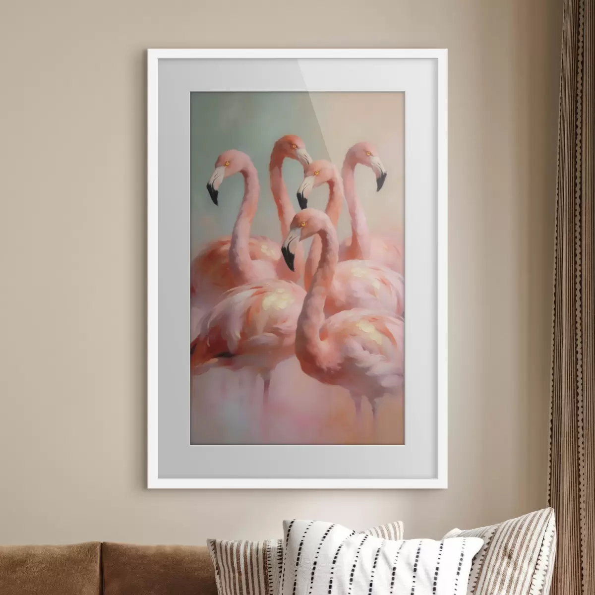 Poster Růžoví plameňáci v jemných pastelových barvách ve stylu olejomalby f49726