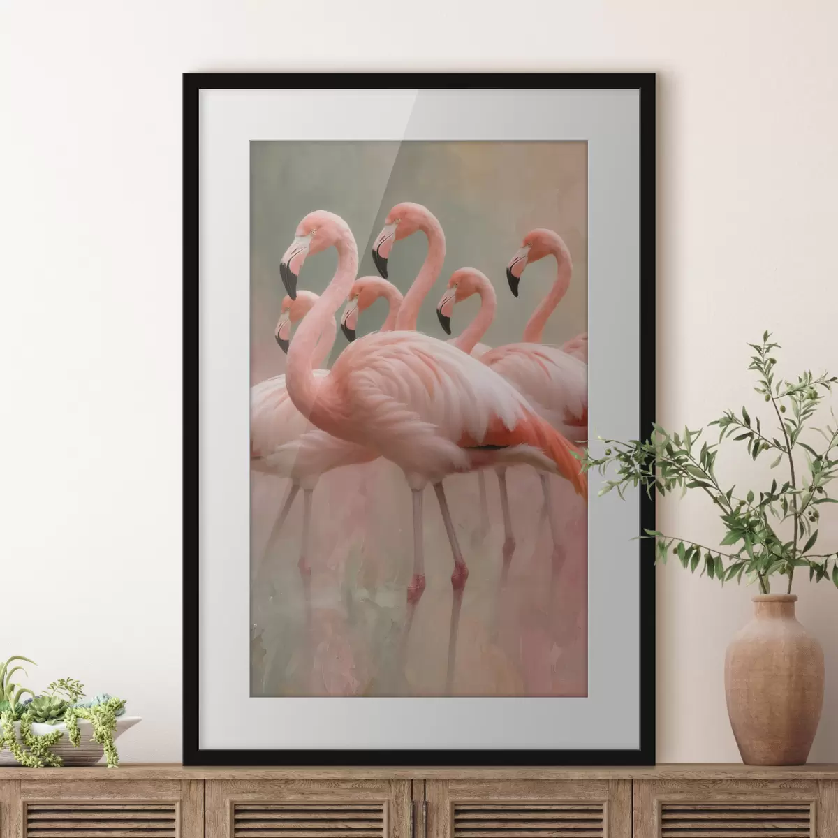 Poster Dekorativní portrét hejna plameňáků v moderním malířském stylu f49727