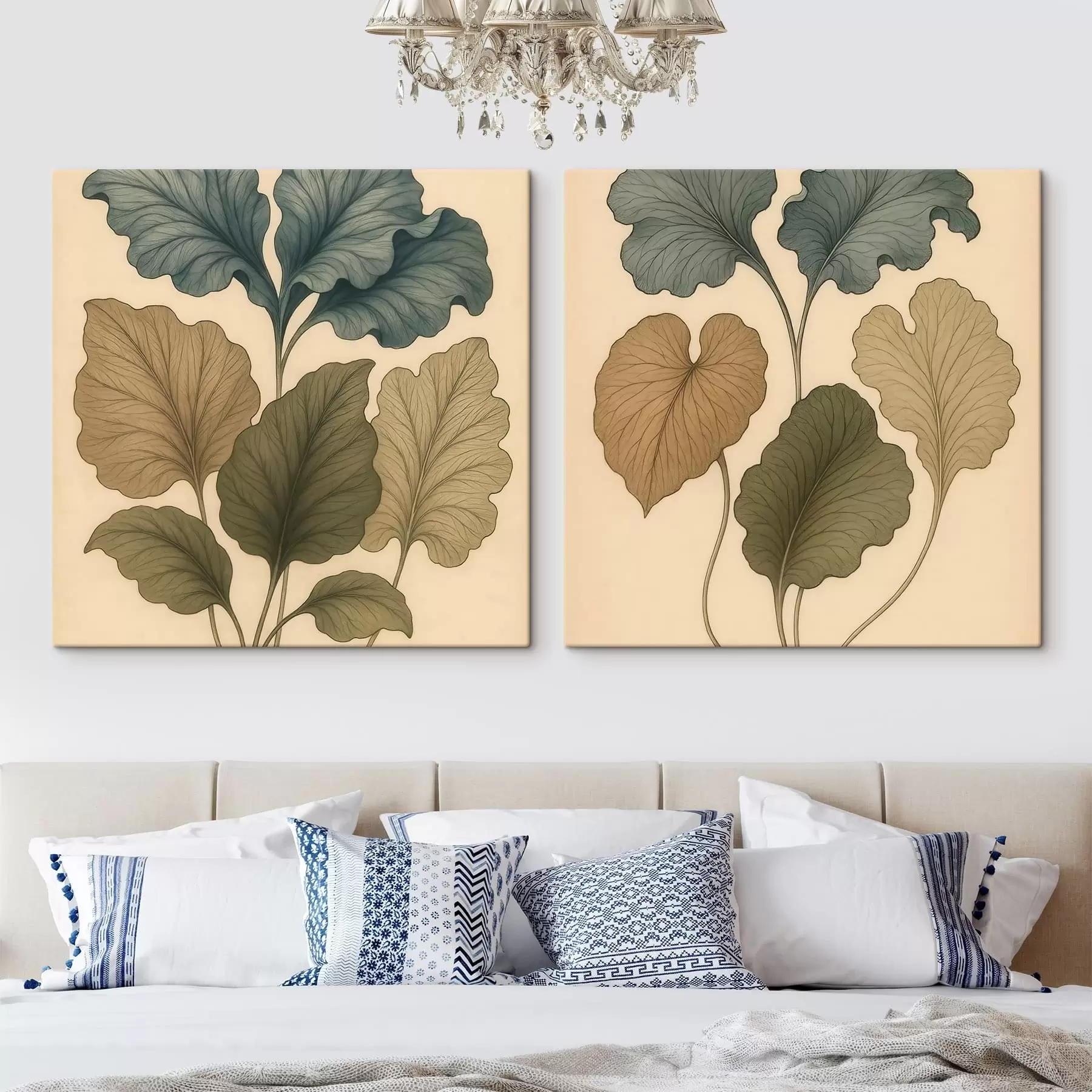 Obraz Botanický diptych s texturovanými listy v tlumených tónech ve stylu retro ilustrace Č. m30654