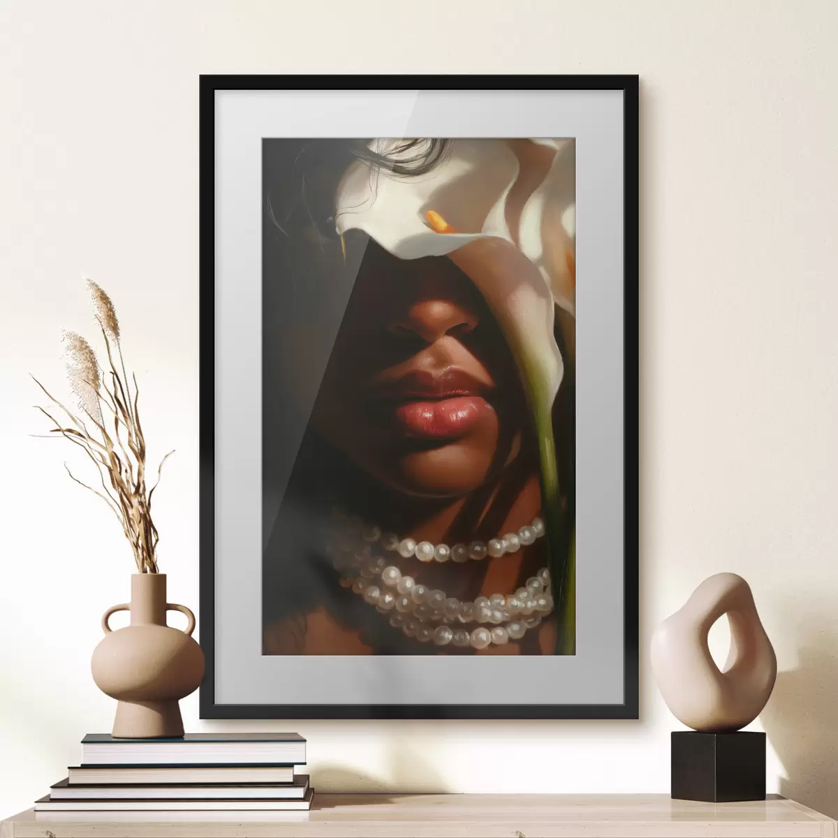Poster Portrét s bílými květinami a perlovým náhrdelníkem f49978