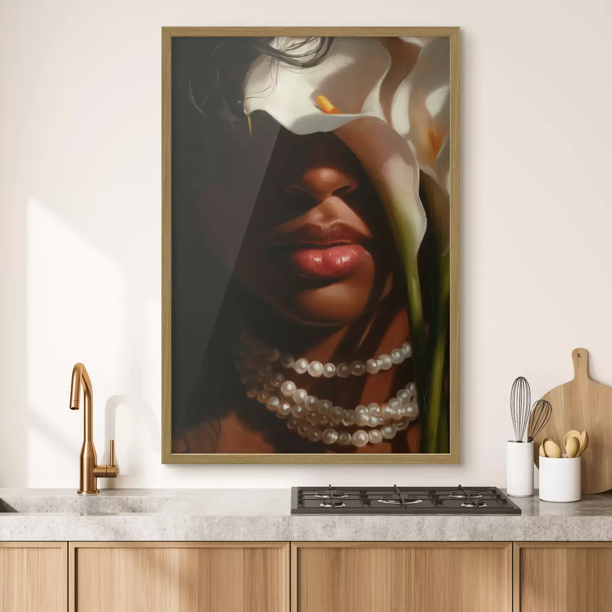 Poster Portrét s bílými květinami a perlovým náhrdelníkem f49978