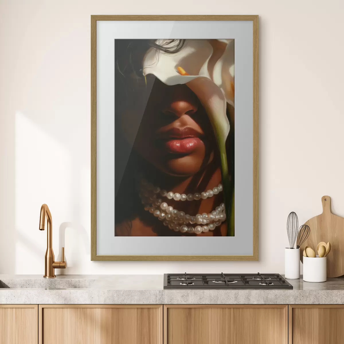 Poster Portrét s bílými květinami a perlovým náhrdelníkem f49978