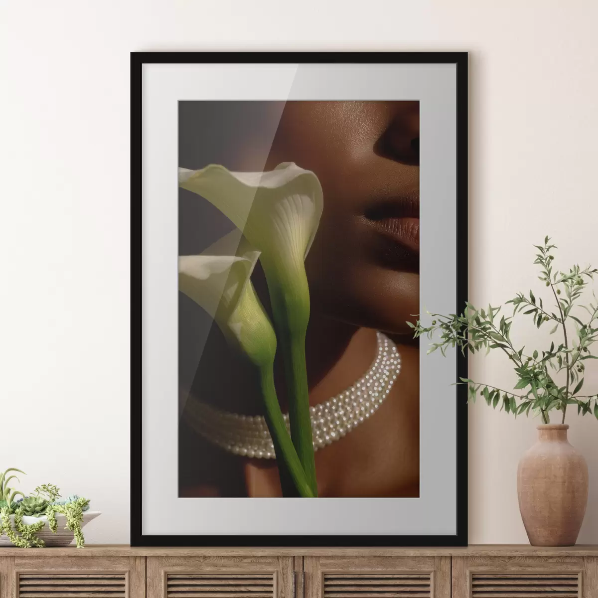 Poster Portrét s bílými květinami v jemném světle f49980