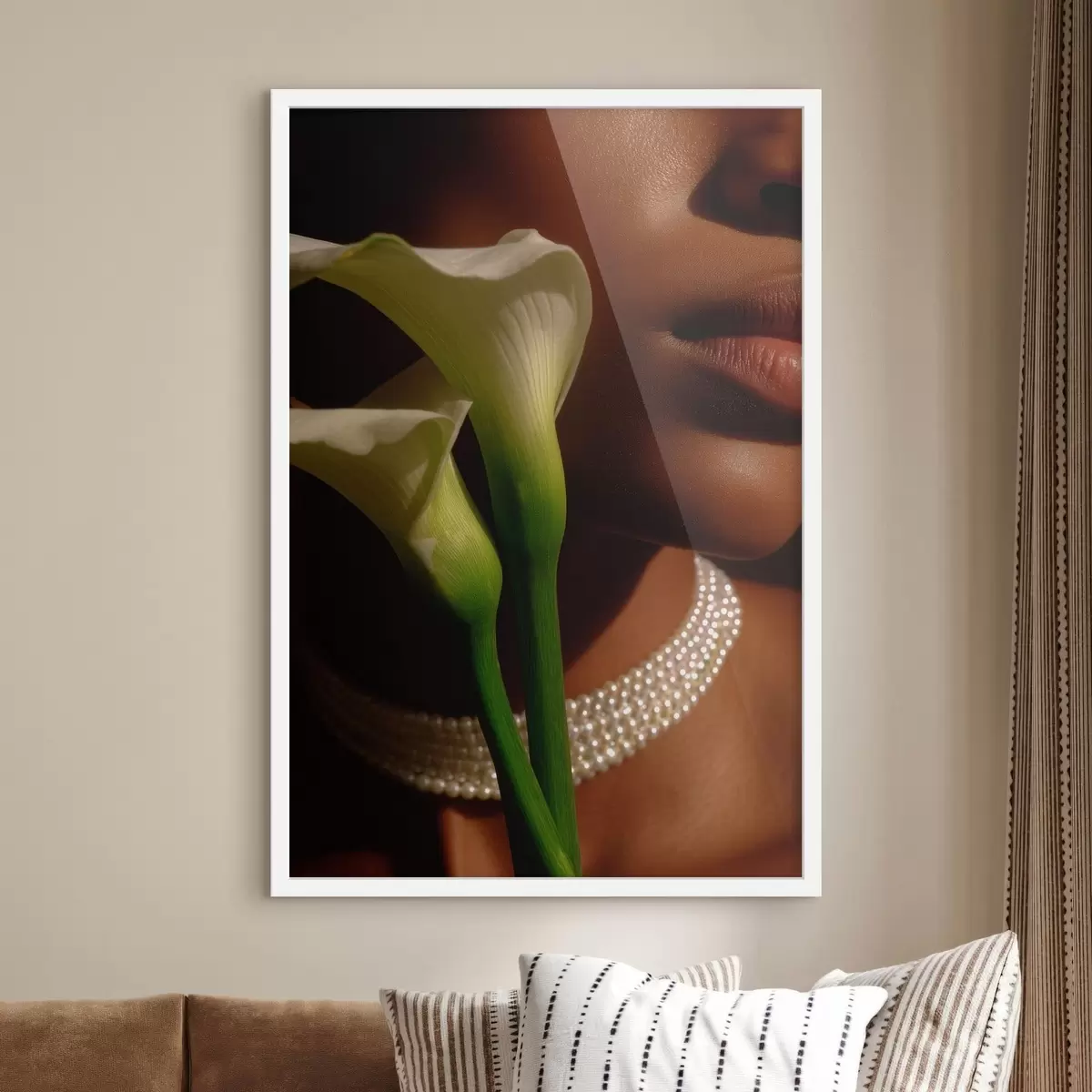 Poster Portrét s bílými květinami v jemném světle f49980