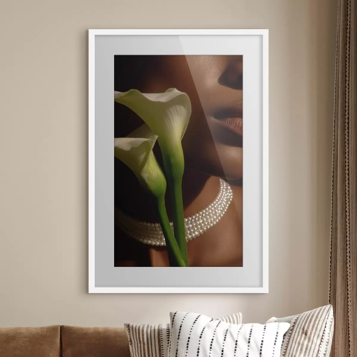 Poster Portrét s bílými květinami v jemném světle f49980