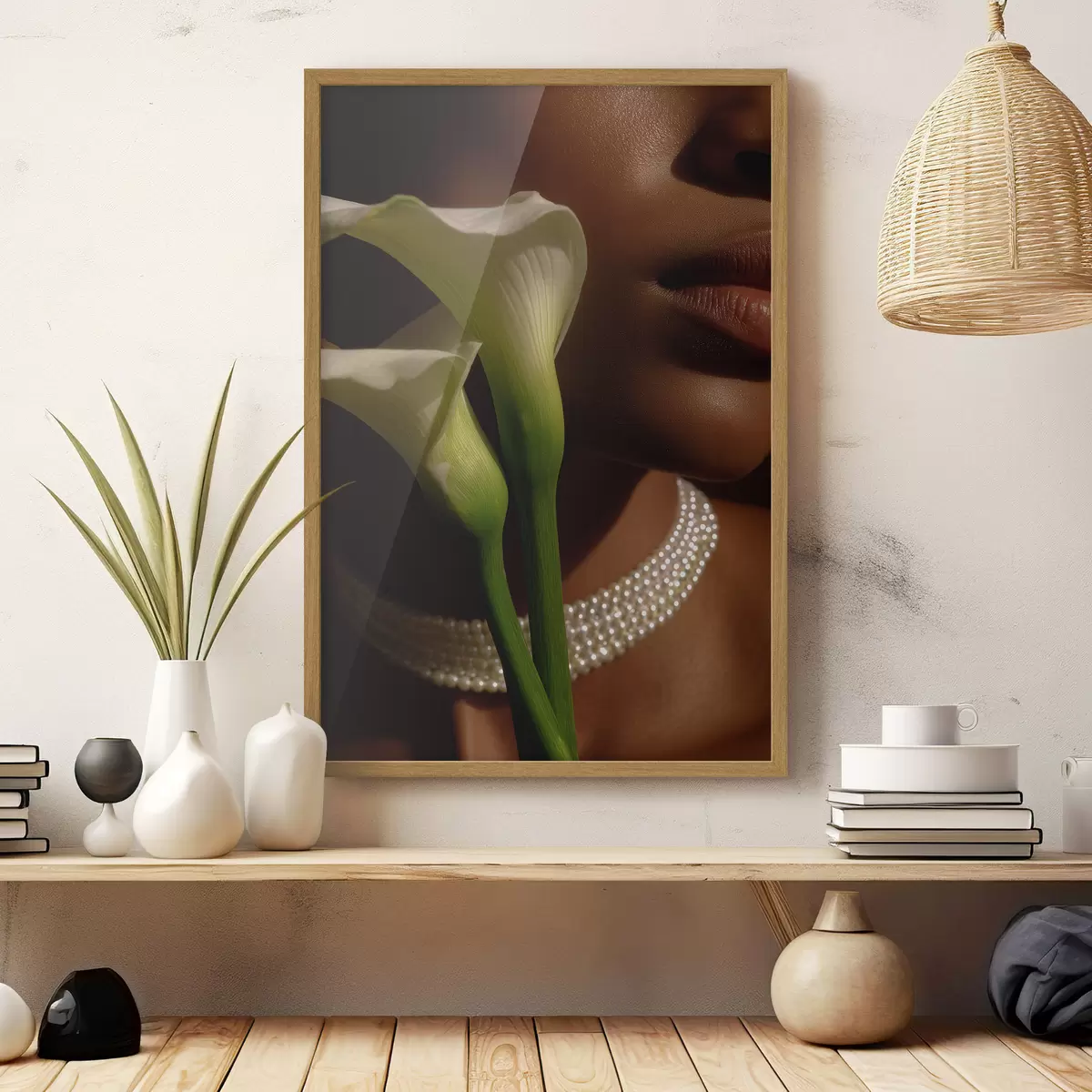 Poster Portrét s bílými květinami v jemném světle f49980