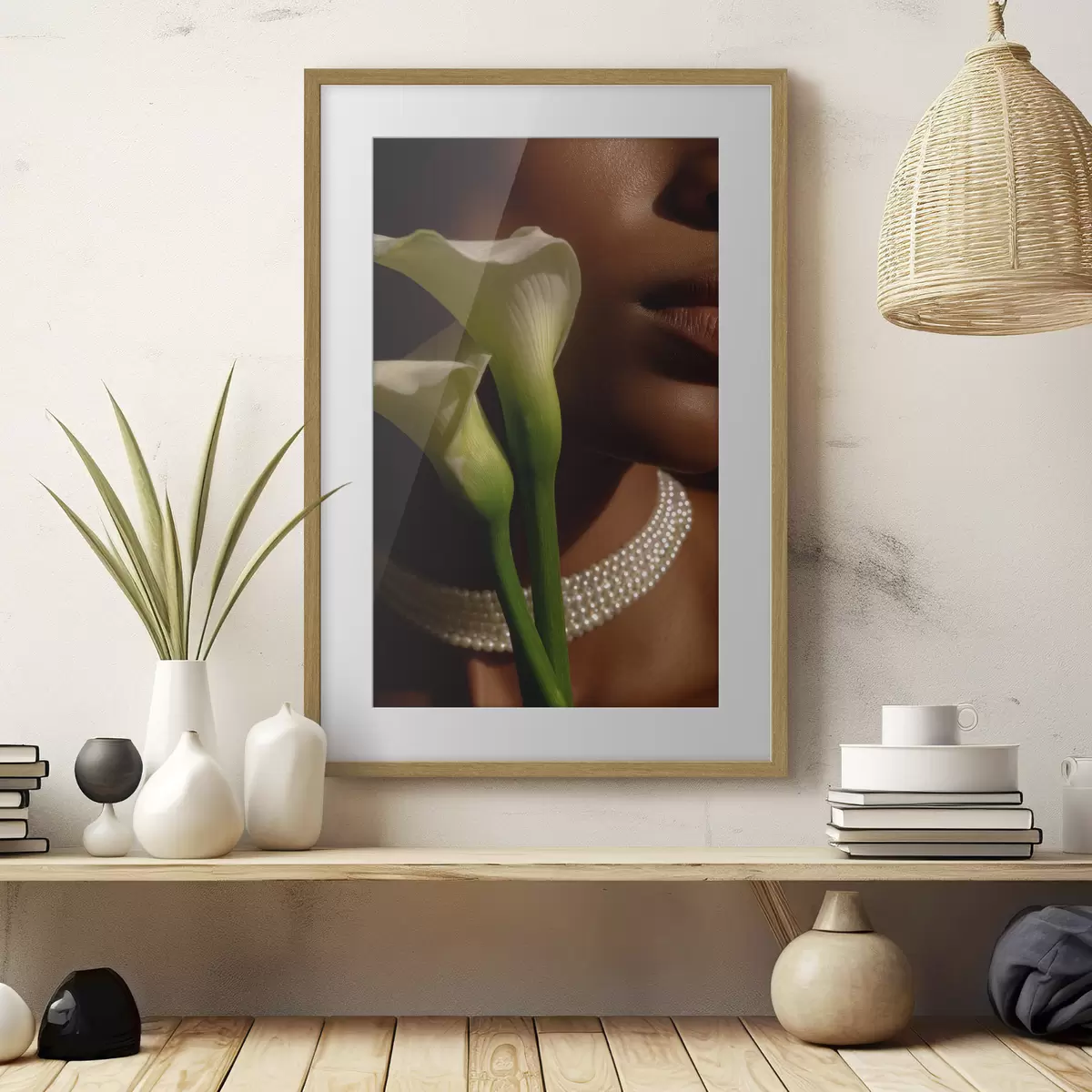 Poster Portrét s bílými květinami v jemném světle f49980