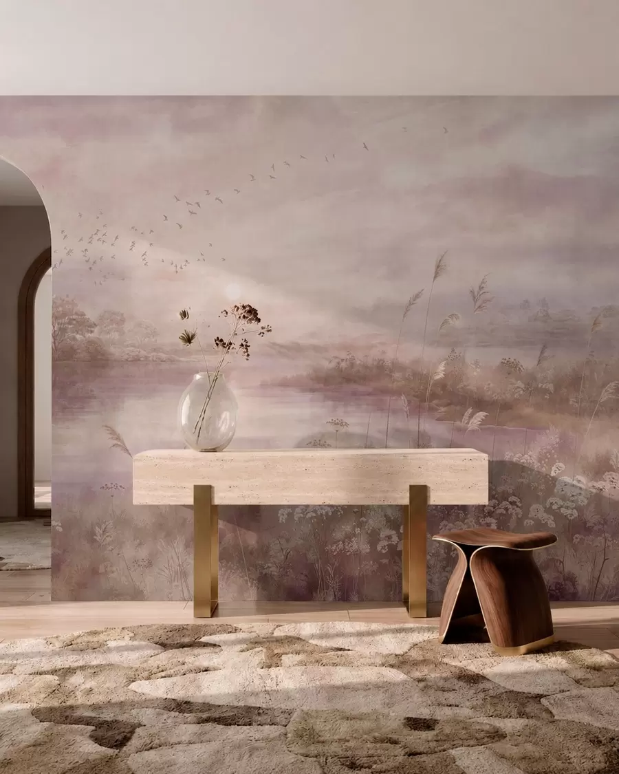 Fototapet Jezero v růžových odstínech s divokými květinami w05813v1
