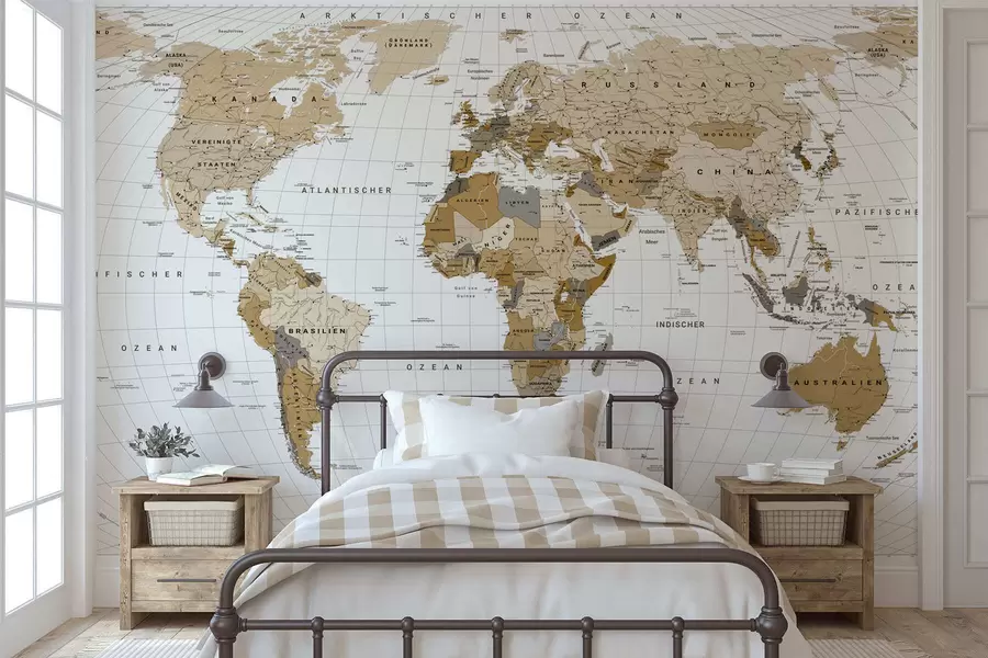 Fototapet Hnědá politická mapa světa s vlajkami v němčině c00016de