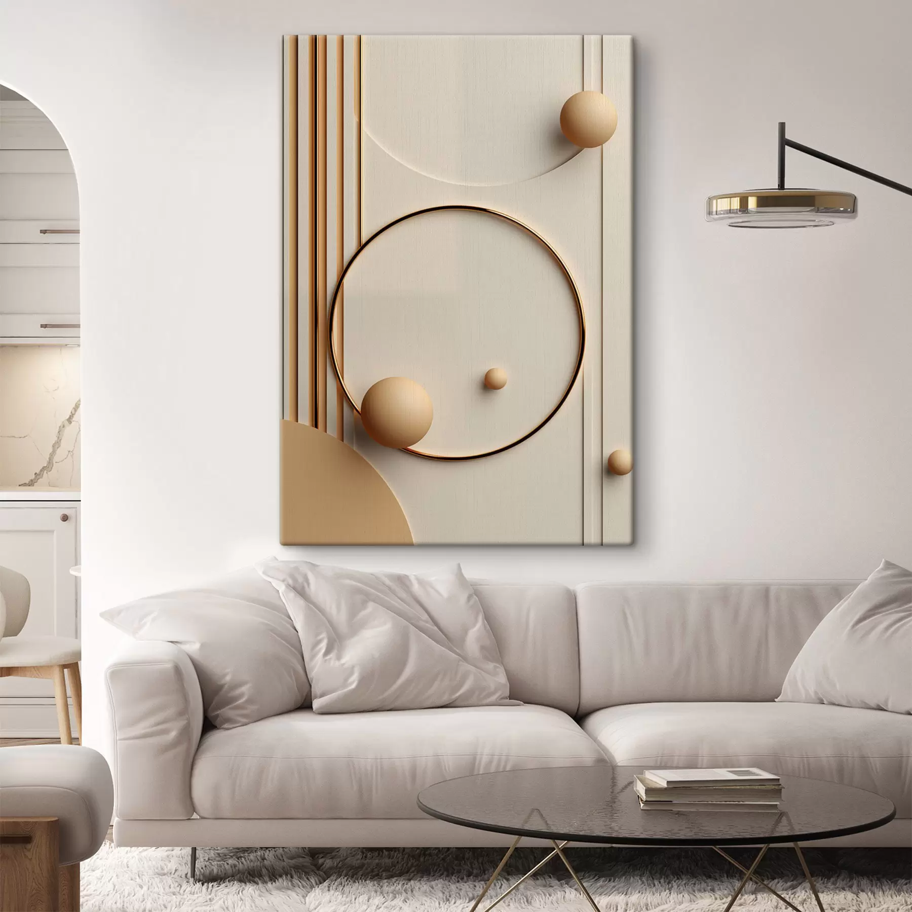 Obraz Abstraktní moderní umění s koulemi a svislými čarami, minimalistická kompozice Č. s50636