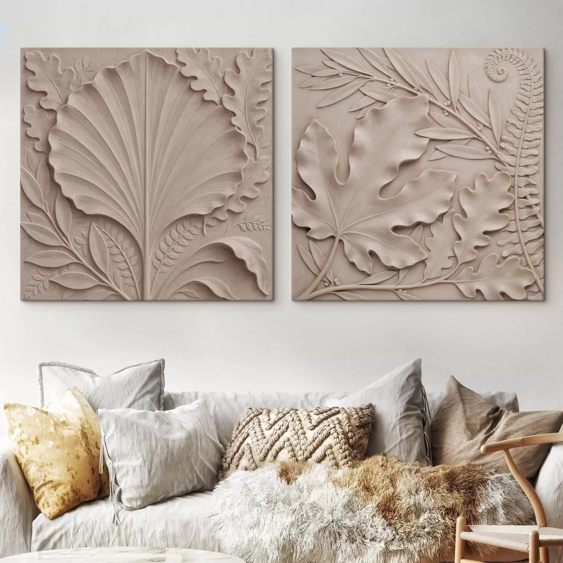 Obraz Prostorový botanický diptych s texturovanými reliéfními listy v béžové a pískové barevné paletě Č. m30762