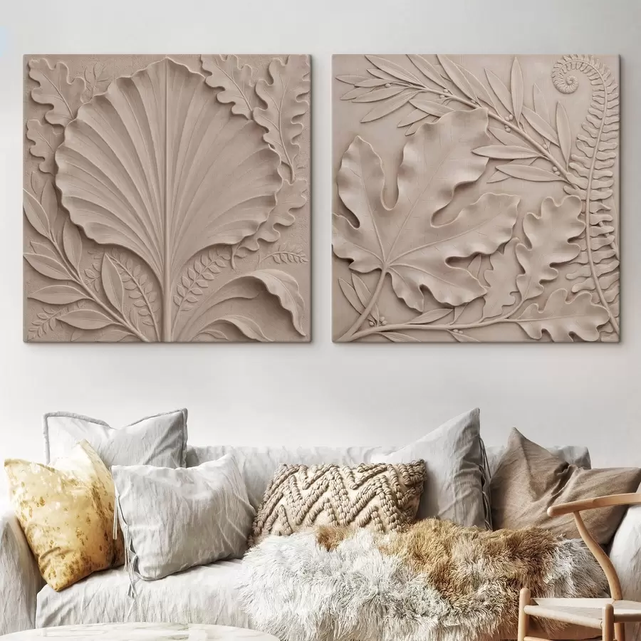Obraz Prostorový botanický diptych s texturovanými reliéfními listy v béžové a pískové barevné paletě Č. m30762