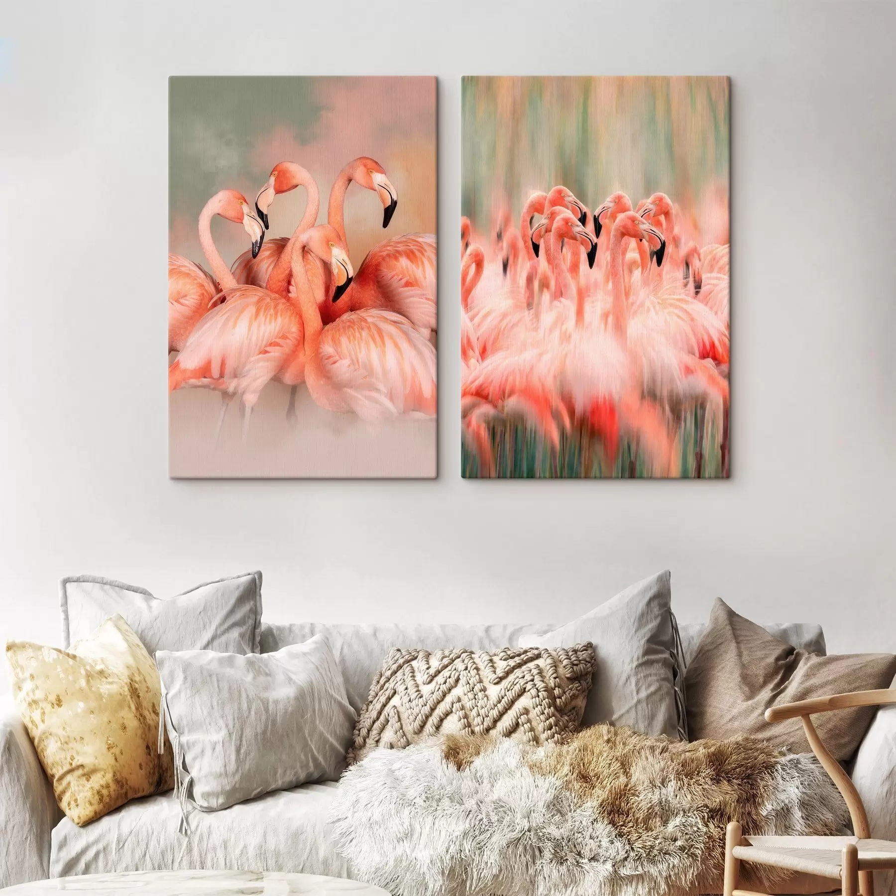 Obraz Umělecký diptych s růžovými plameňáky v pastelových tónech s rozmazaným a zamlženým efektem Č. m30763