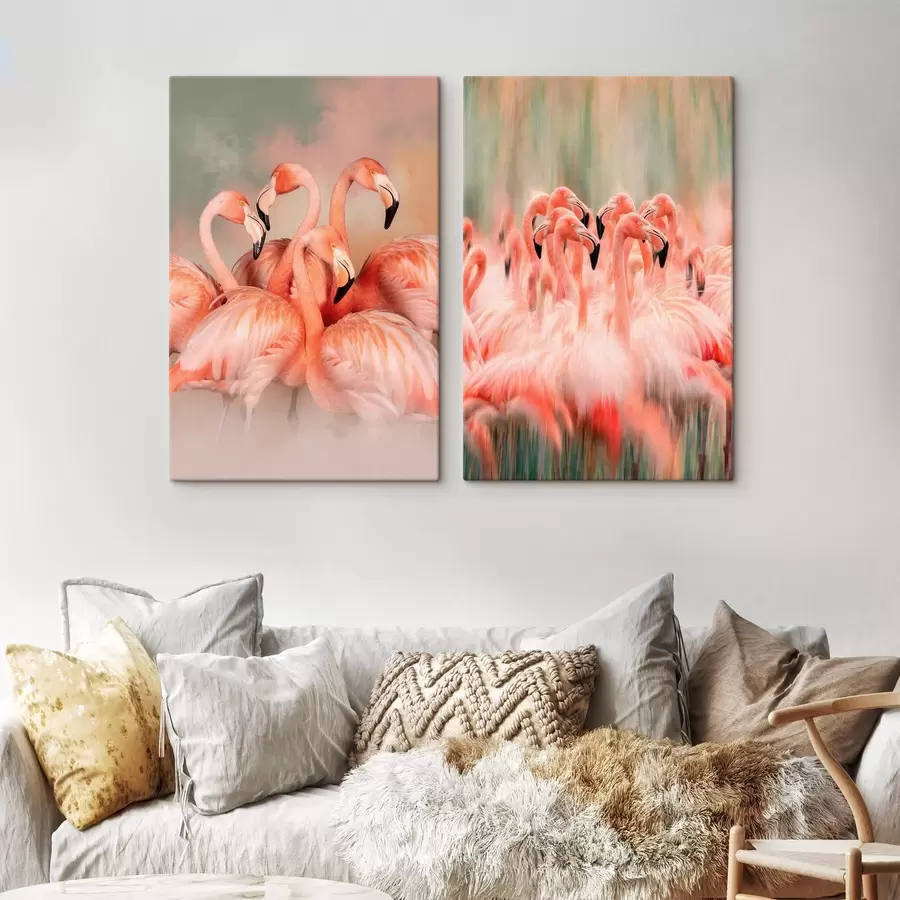 Obraz Umělecký diptych s růžovými plameňáky v pastelových tónech s rozmazaným a zamlženým efektem Č. m30763