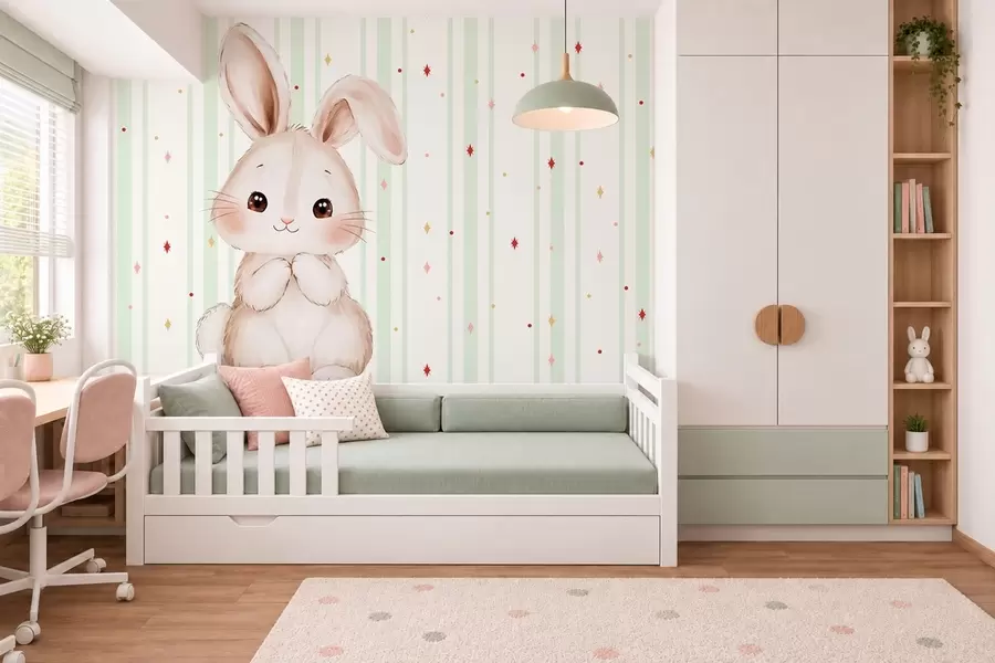 Fototapet Roztomilý králíček na pozadí zelených pruhů a zářivých hvězd w05920v2
