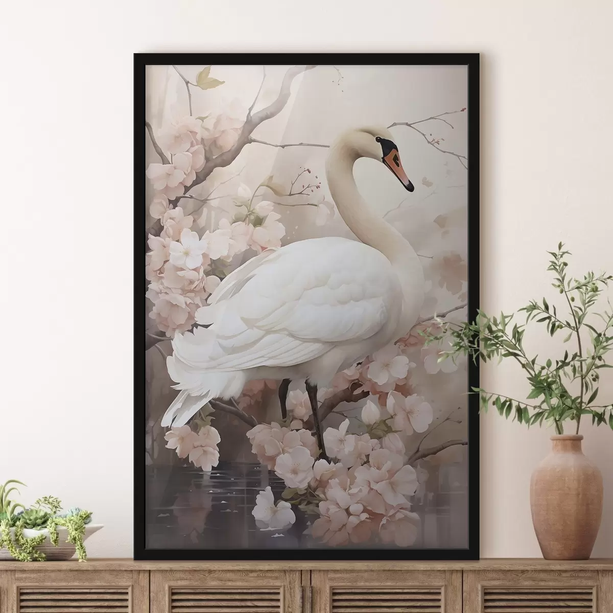 Poster Bílá labuť v rozkvetlé zahradě f50743
