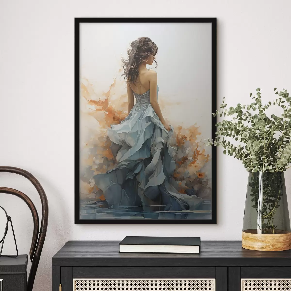 Poster Žena v splývavých modrých šatech f50747