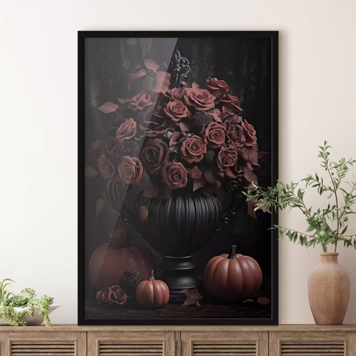 Poster Burgundské růže a dýně v tmavé váze f50913