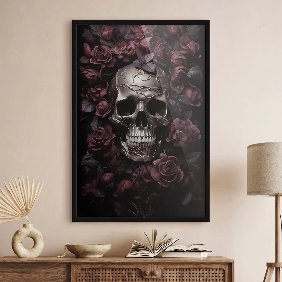Poster Tajemný reliéf lebky v barvě burgundských růží f50914