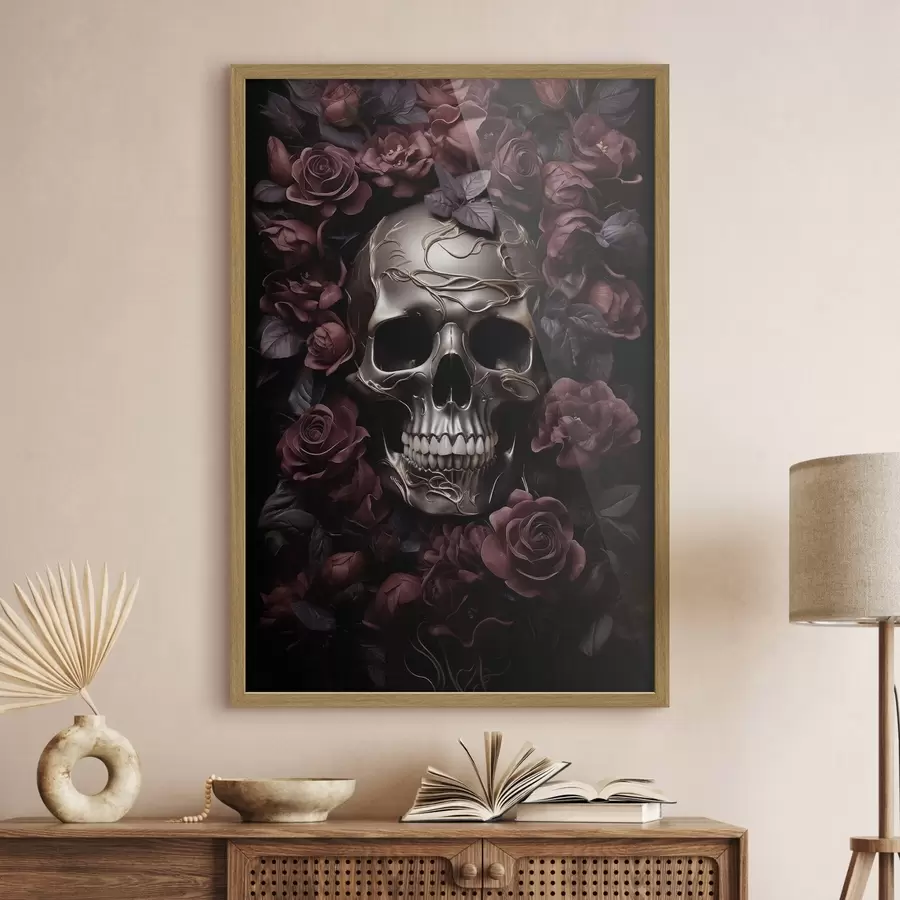 Fototapet Tajemný reliéf lebky v barvě burgundských růží f50914