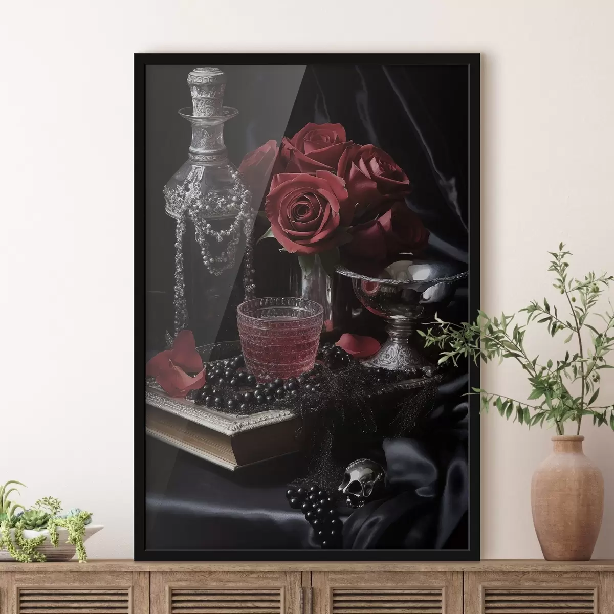 Poster Retro zátiší se sklenicí a růžemi f50915