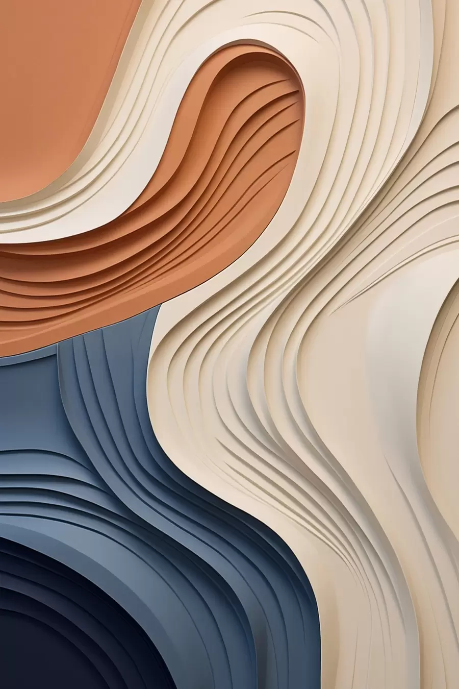 Fototapet Abstraktní vlnící se vrstvy v krémové, modré a oranžové barvě, texturované moderní umění f50950