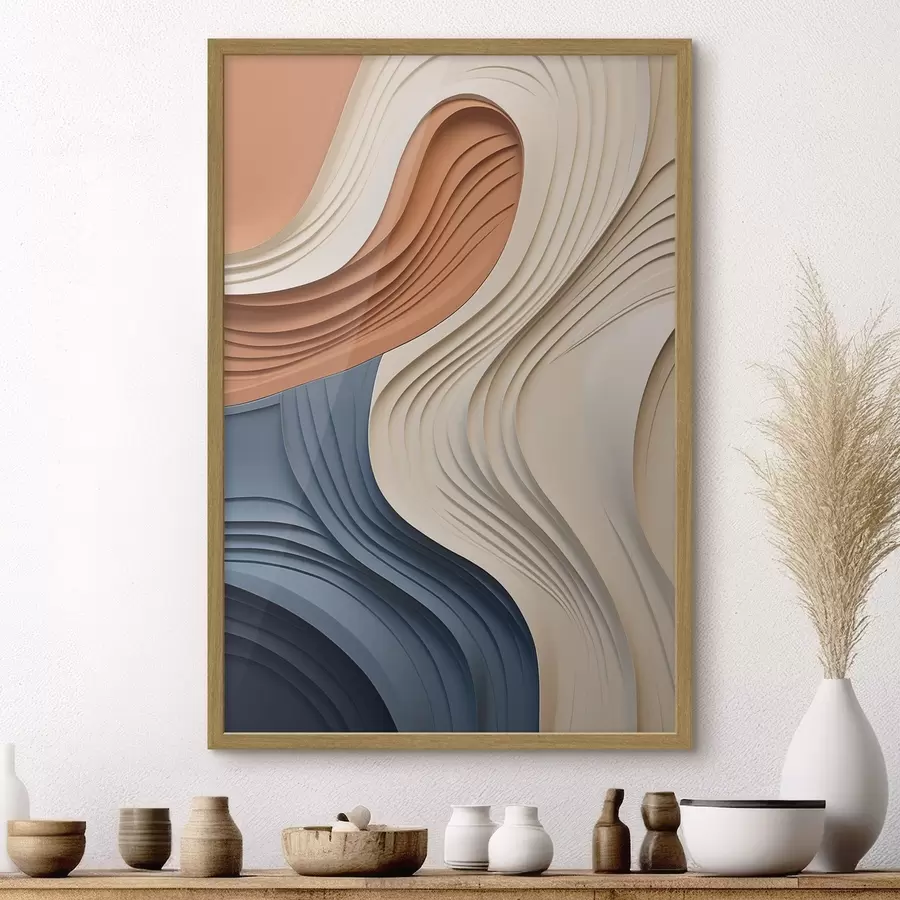 Fototapet Abstraktní vlnící se vrstvy v krémové, modré a oranžové barvě, texturované moderní umění f50950