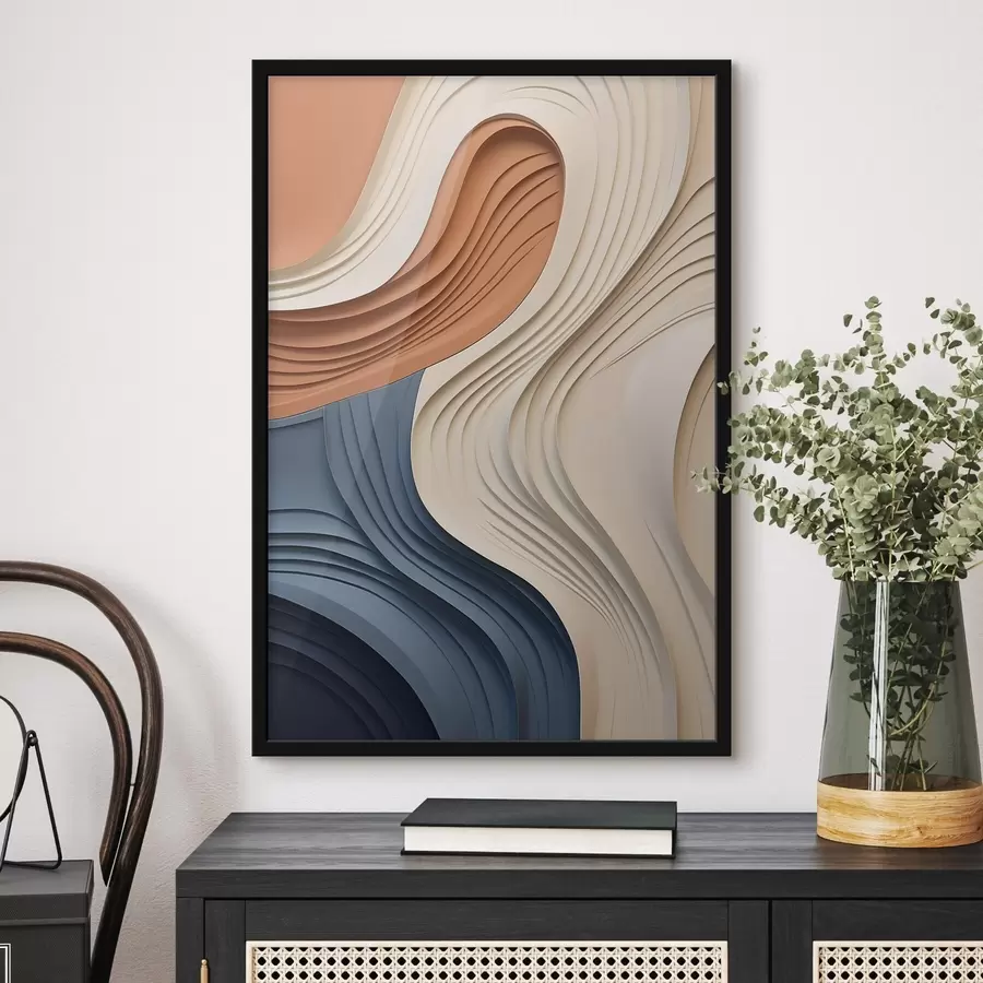 Fototapet Abstraktní vlnící se vrstvy v krémové, modré a oranžové barvě, texturované moderní umění f50950