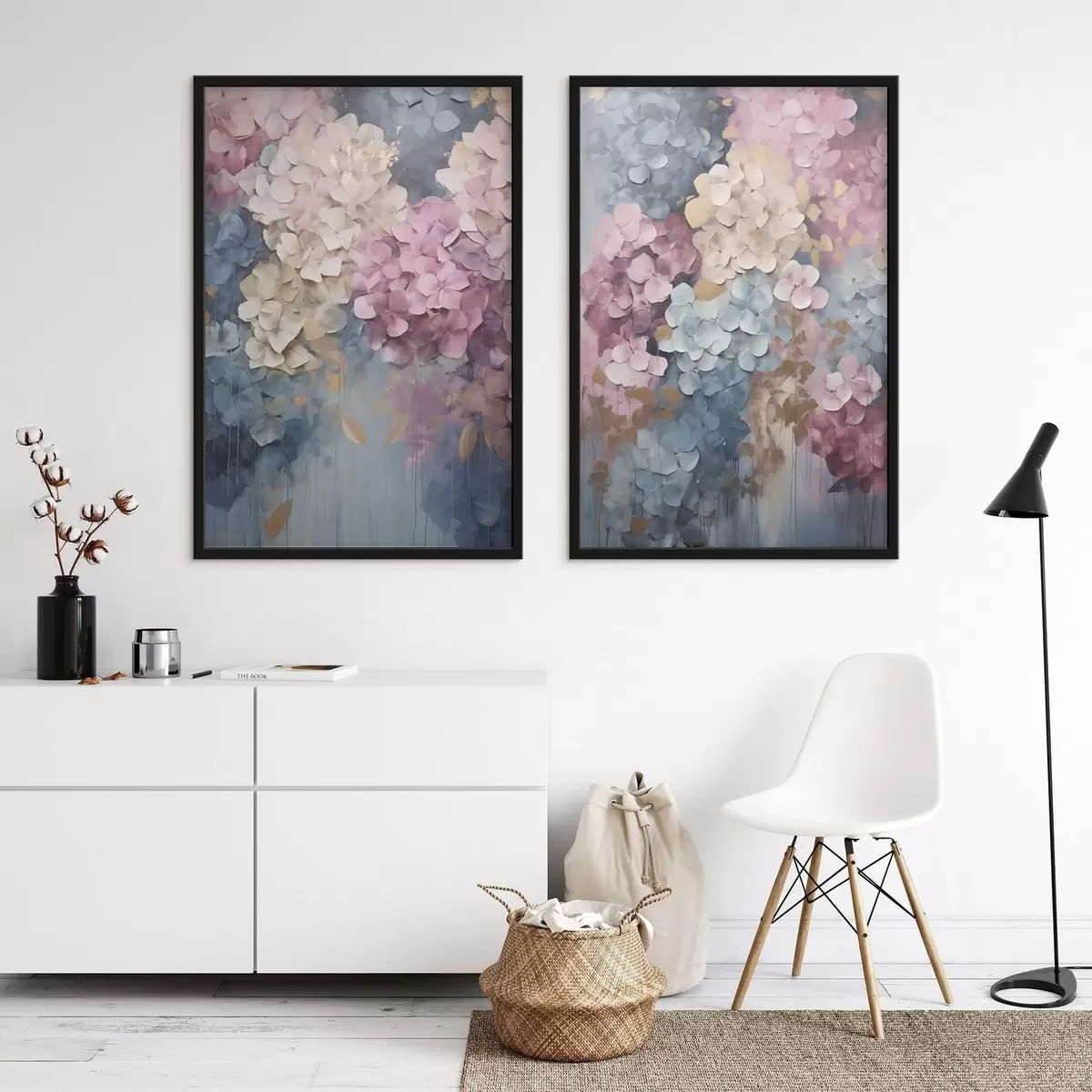 Poster Hortenzie v odstínech růžové, krémové a modré, s texturovanými okvětními lístky, abstraktní umění d31050