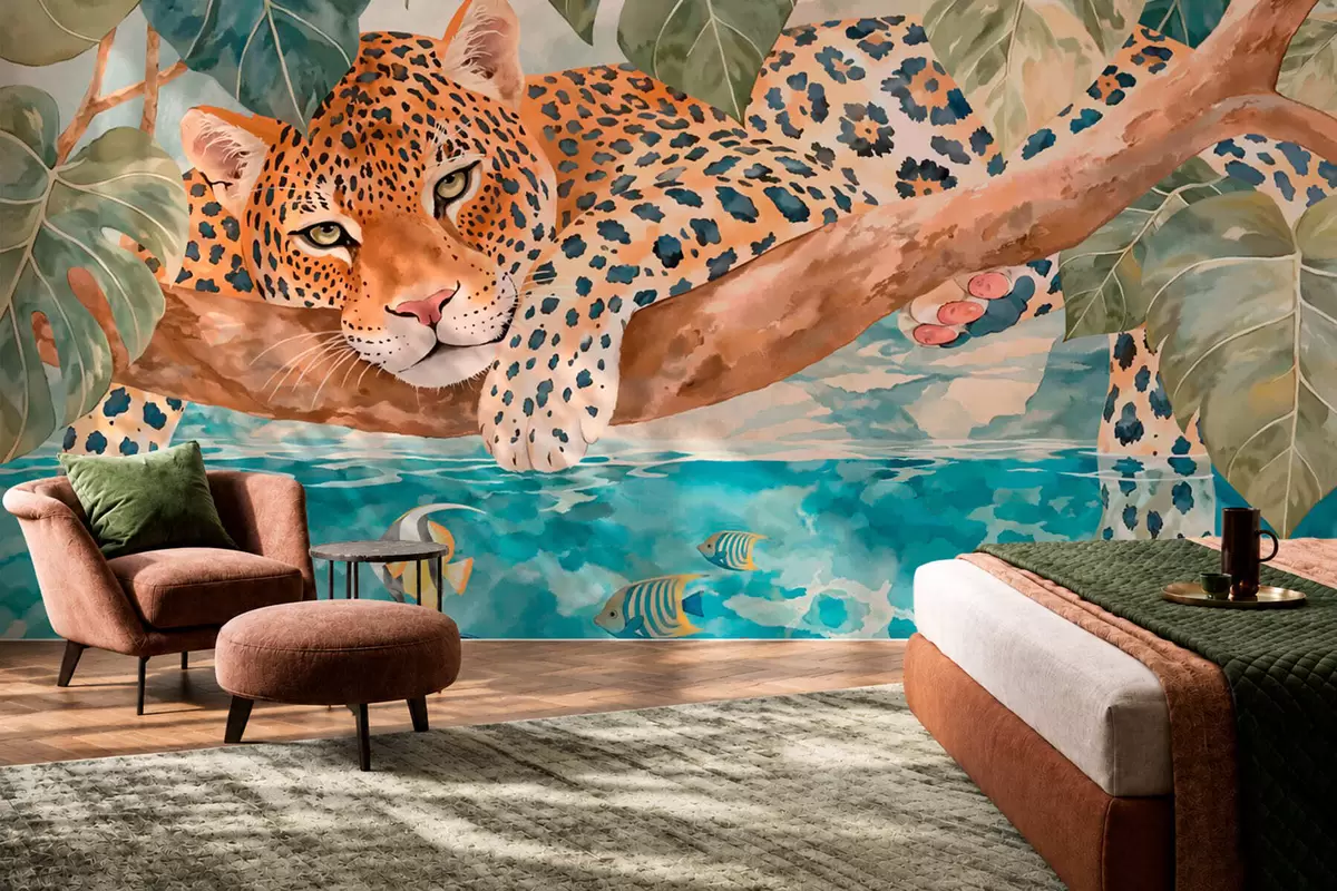 Fototapet Leopard na větvi nad vodou s barevnými rybami w05954
