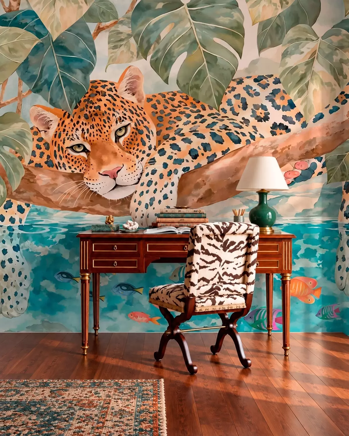 Fototapet Leopard na větvi nad vodou s barevnými rybami w05954