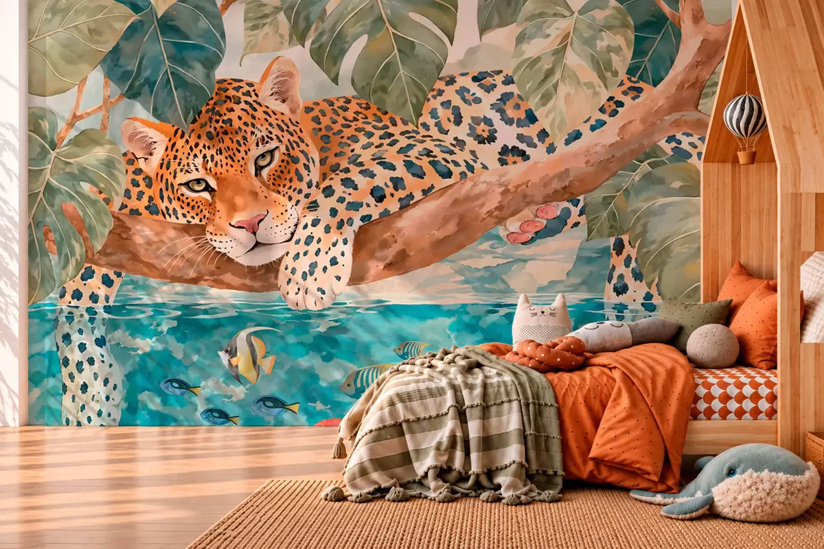 Fototapet Leopard na větvi nad vodou s barevnými rybami w05954