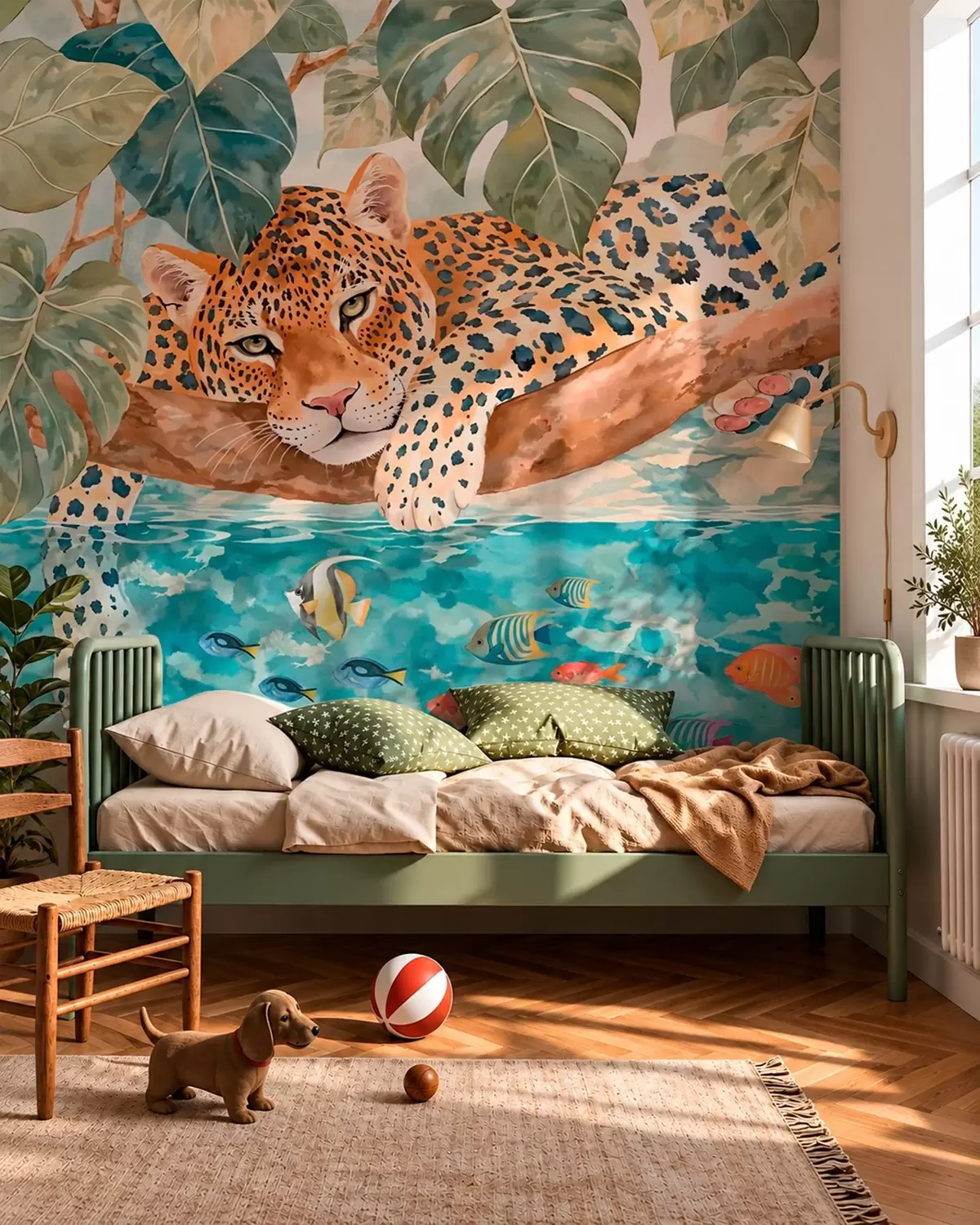 Fototapet Leopard na větvi nad vodou s barevnými rybami w05954