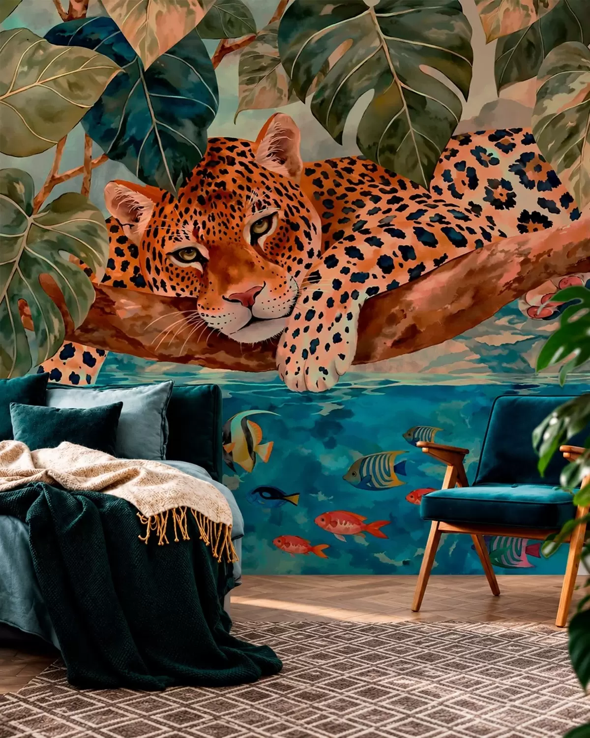 Fototapet Leopard mezi tropickými listy nad vodou s rybou w05954v1