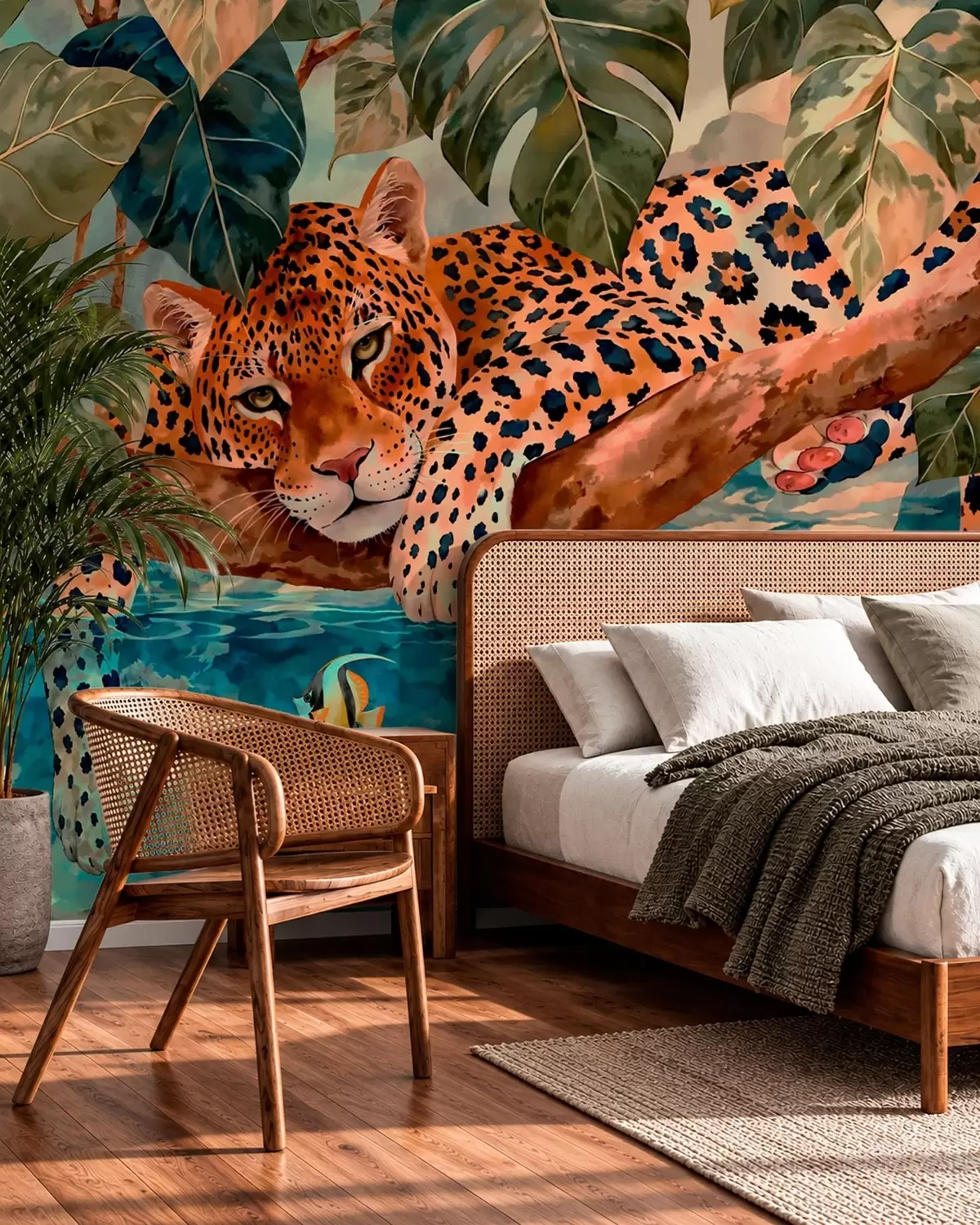 Fototapet Leopard mezi tropickými listy nad vodou s rybou w05954v1