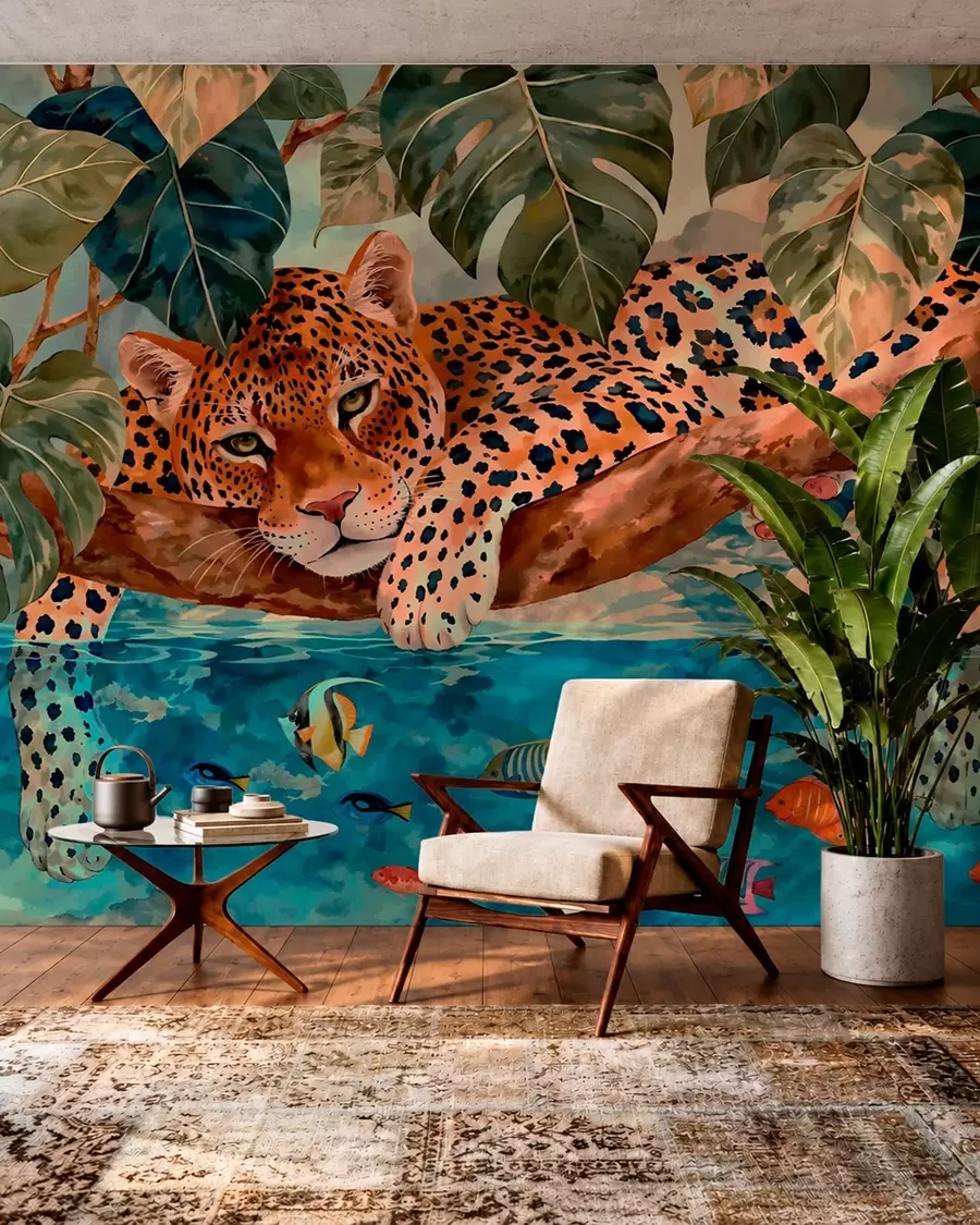 Fototapet Leopard mezi tropickými listy nad vodou s rybou w05954v1