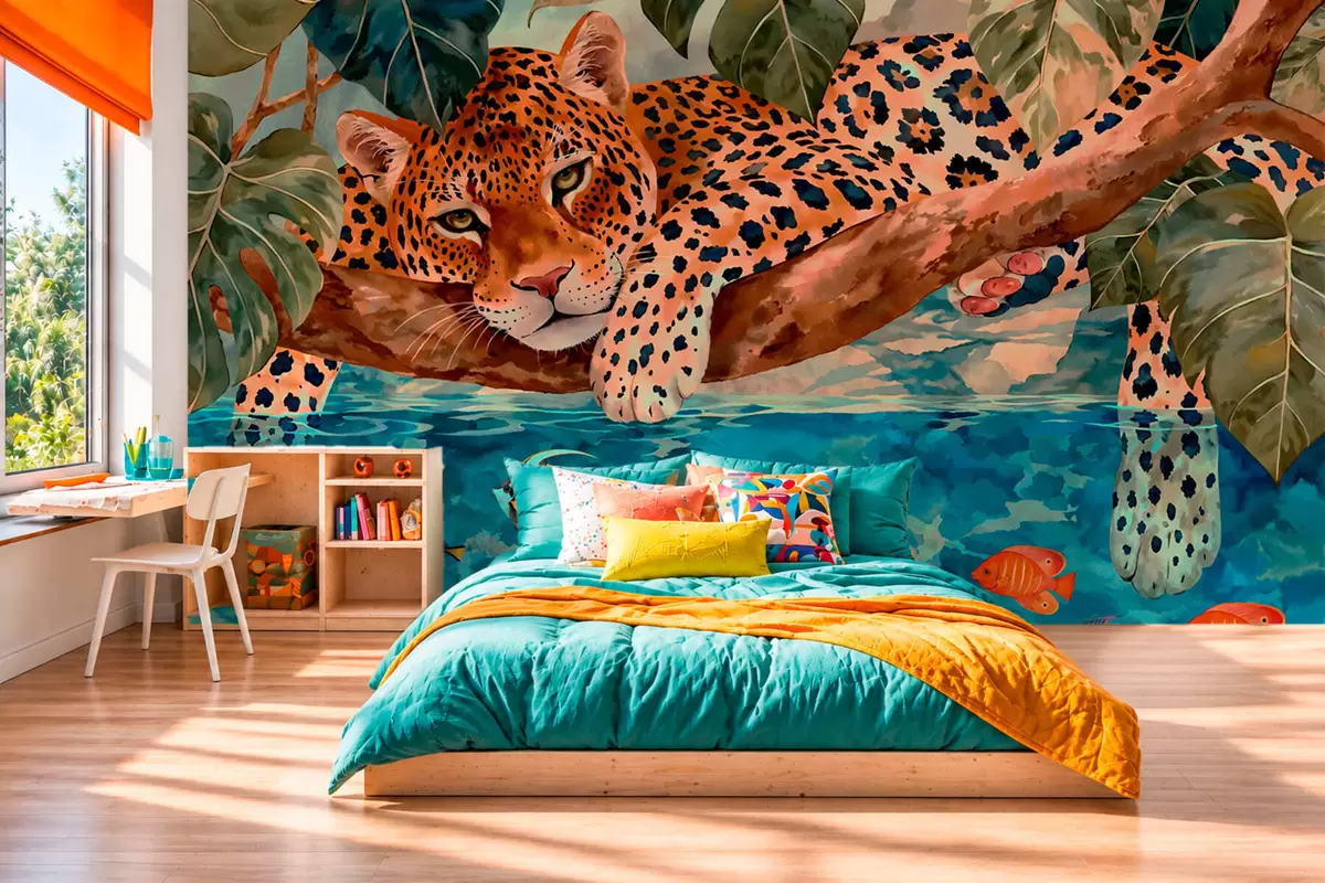Fototapet Leopard mezi tropickými listy nad vodou s rybou w05954v1