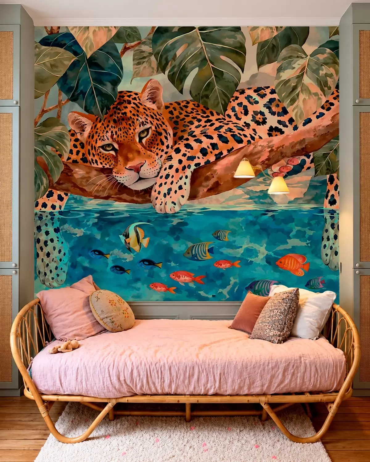 Fototapet Leopard mezi tropickými listy nad vodou s rybou w05954v1