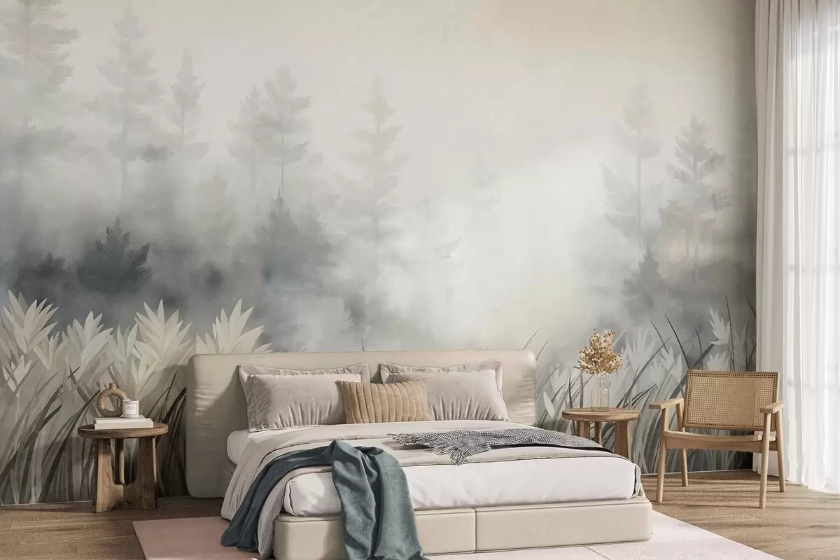 Fototapet Krajina s vysokou divokou trávou a borovicovým lesem, minimalistický styl s výraznou texturou w10082